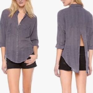 Free People - Shibori Siren Linen Button Front Slit Back Top, Size Small